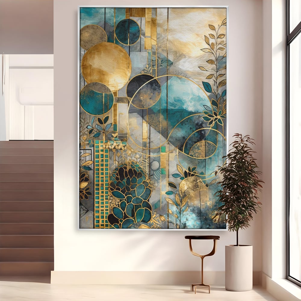 Tablou canvas cu compozitie abstracta cu forme geometrice si frunze, in rama de aluminiu argintiu